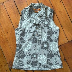 Tory Burch neutral floral silk ruffled blouse. Classic, preppy, office, spring